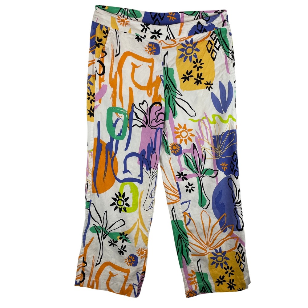Chicos Abstract Floral Linen Blend Straight Leg Pants Multi Color Womens 3 US 16